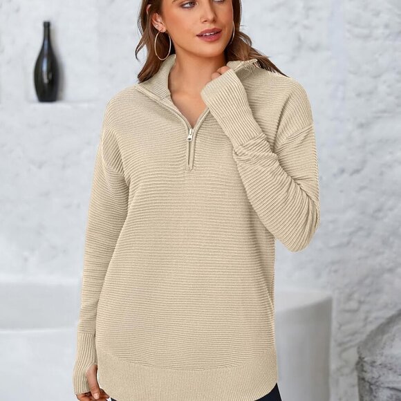 Womens Long Sleeve Quarter Zip Pullover Sweater Casual Loose V Neck Collared Rib - Picture 2 of 5